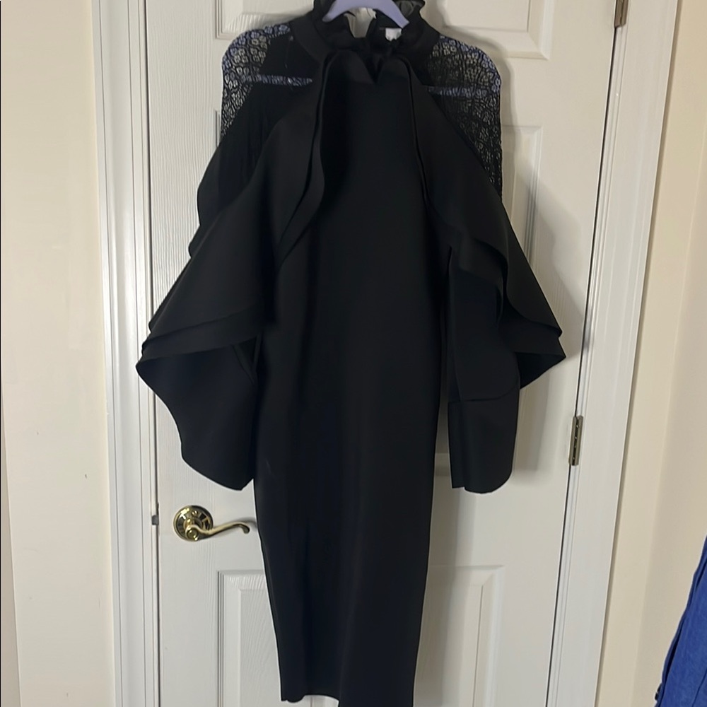 Quum Black Sheath Dress with Bell Sleeves and Mock Neck